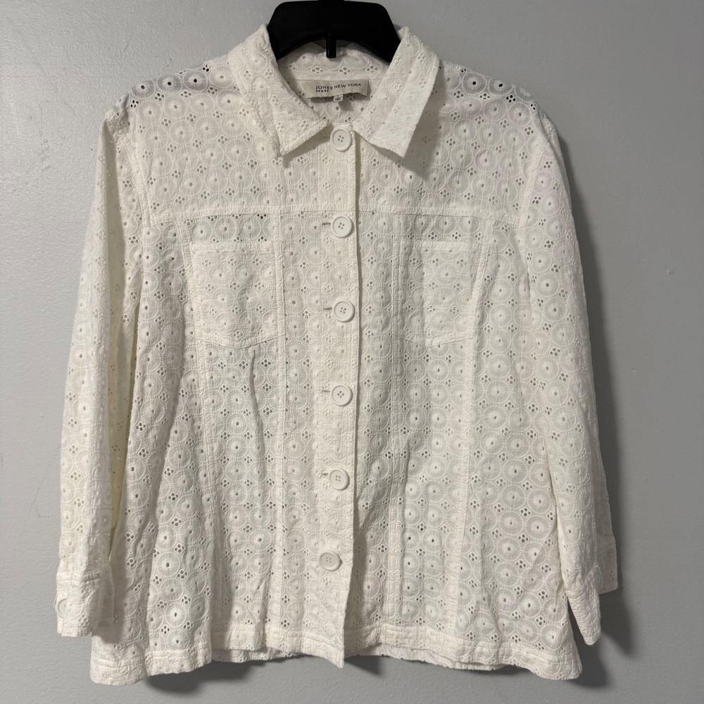 Jones New York Sport Womens White 100% Cotton Eyelet Button Down Shirt Jacket L